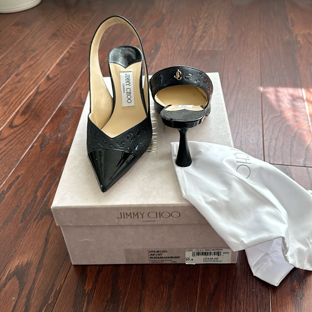 Jimmy Choo patent/ monogram heels.